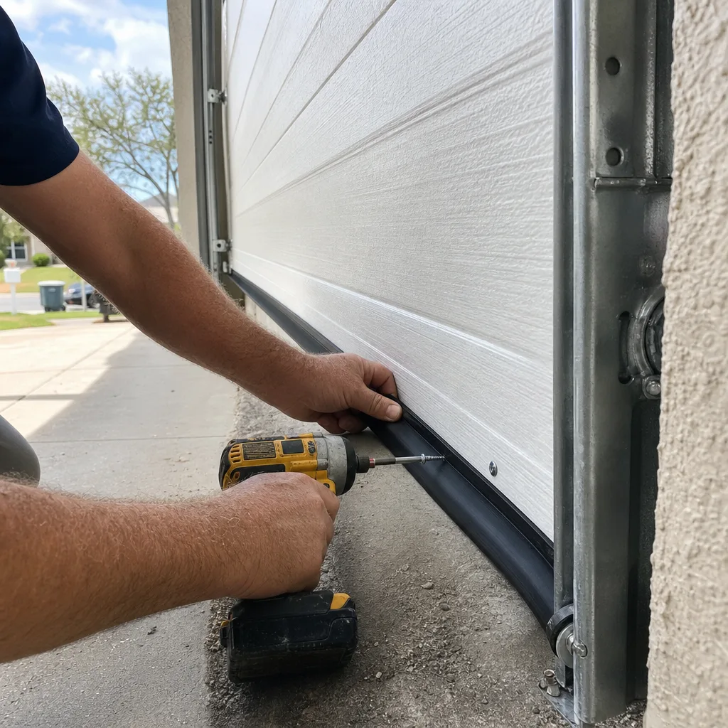 Technician installing a rubber weather seal on a residential garage door