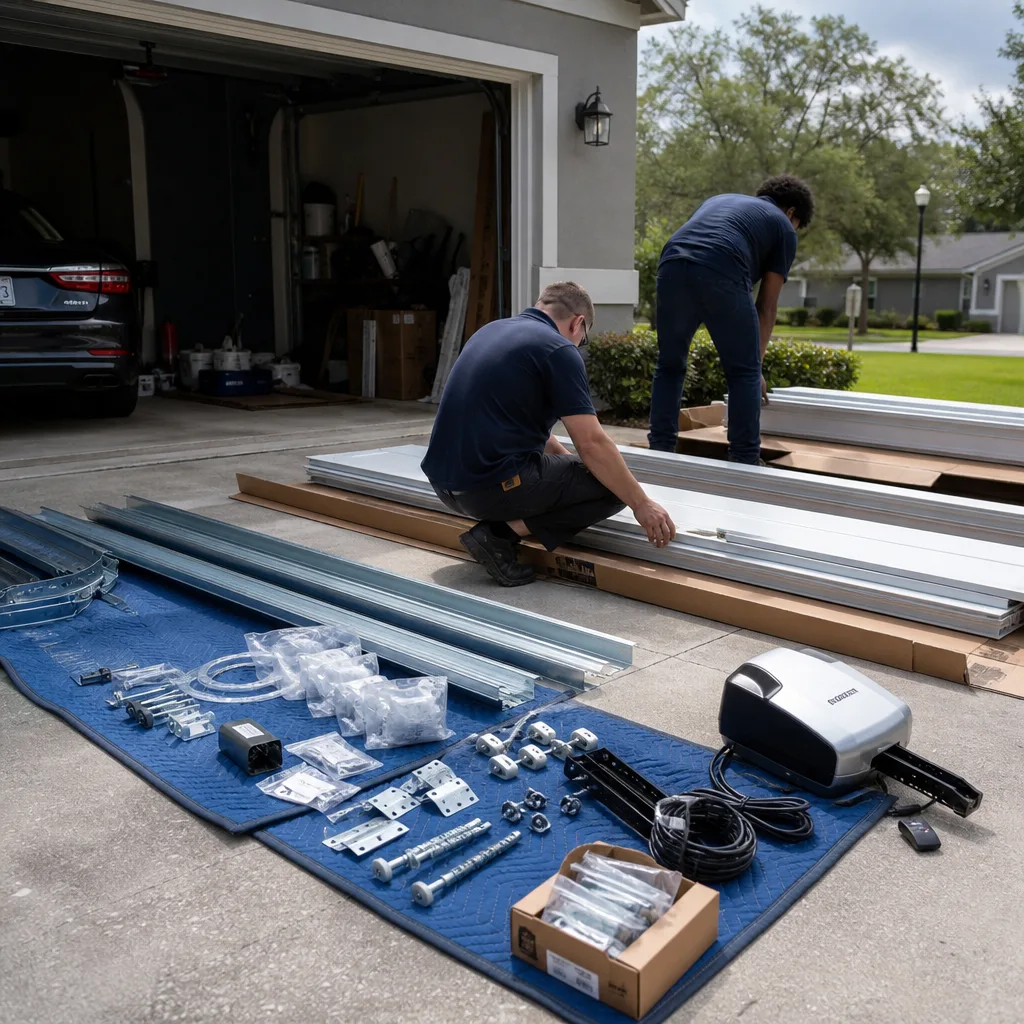 Technicians performing a professional garage door installation on a residential driveway.