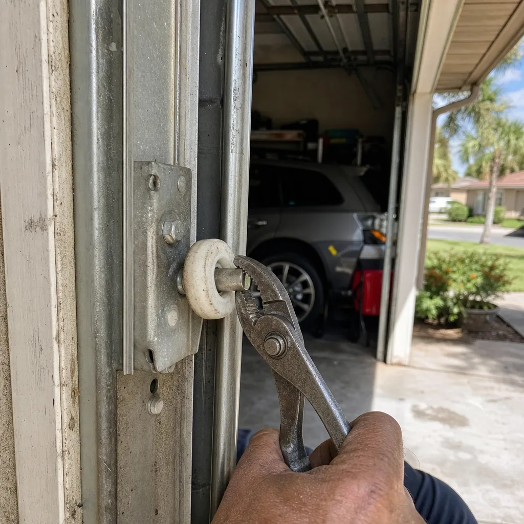 Technician repairing a garage door roller with pliers