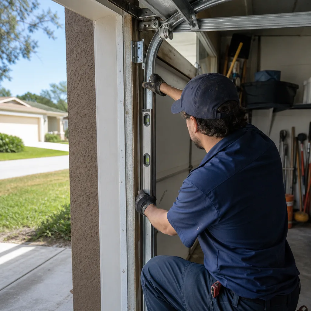 Technician using a level to repair a residential garage door track