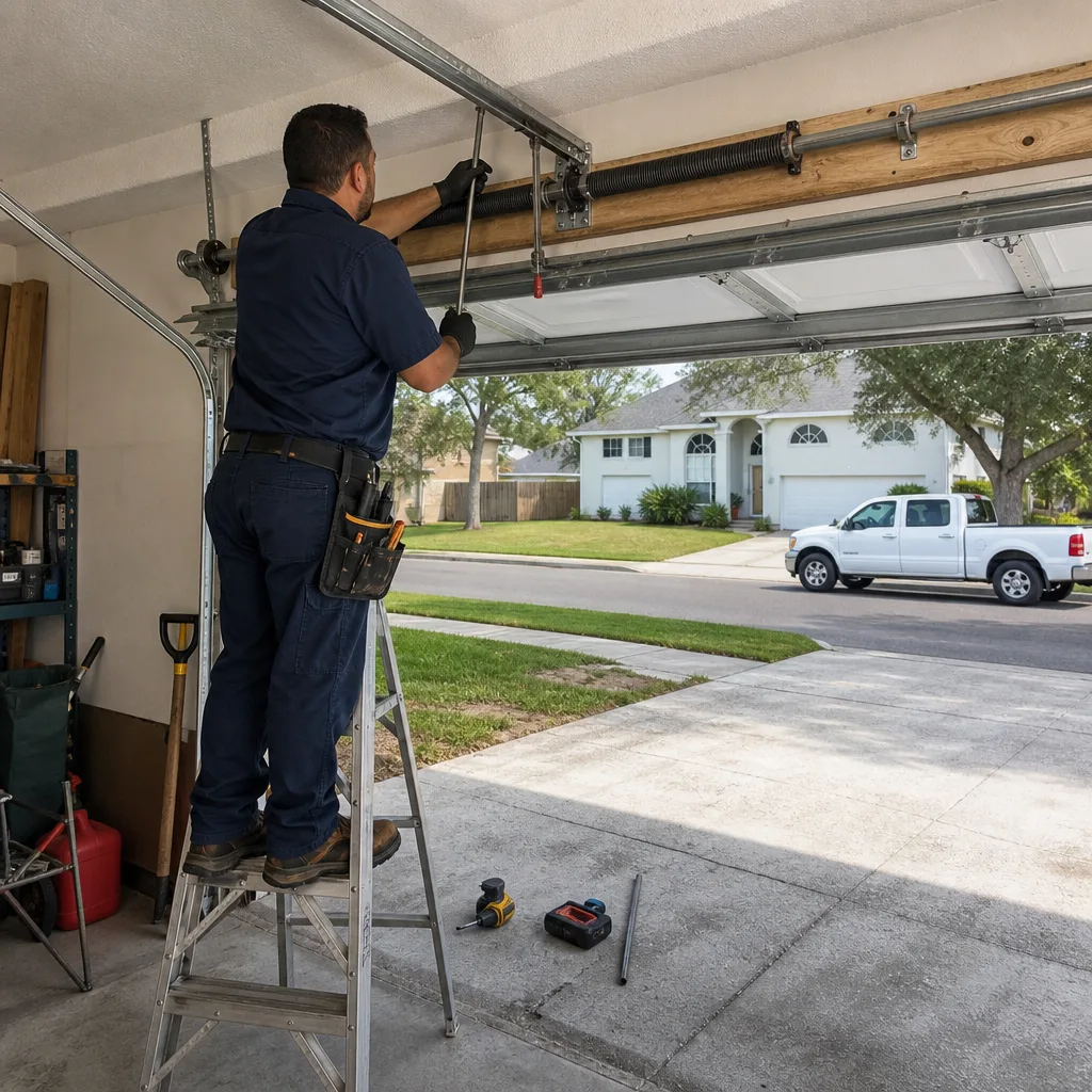 Technician performing professional garage door spring repair and maintenance